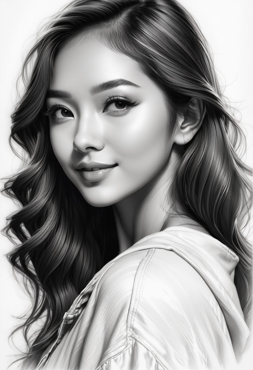 Portrait gerl, close-up, stunning sketch portrait by Michelangelo, charcoal drawing, face only, an absolutely gorgeous woman, side view, ultra-detailed, hint of a smile, no coloring, no color