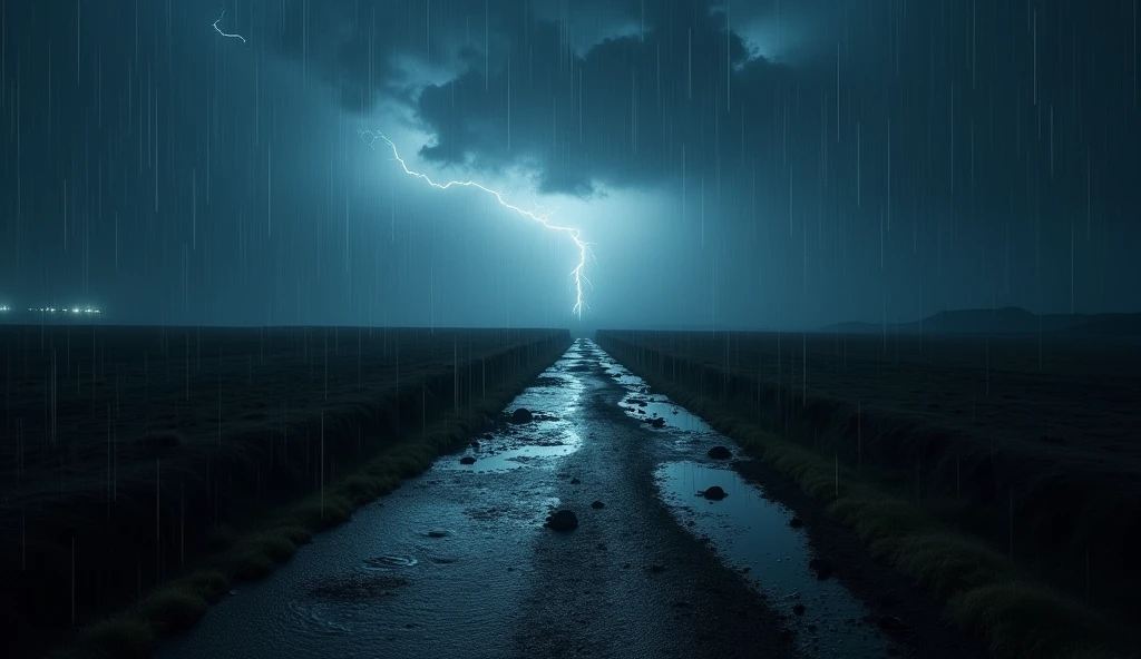 Draw the heavy rain without any buildings around and at night