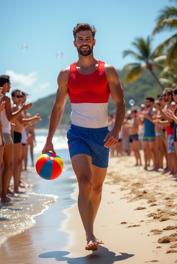 A handsome 27-year-old tall white young man in a men's fashion show on the beach shore wearing a de bandera paraguay swimsuit with a beach ball in his hand. Many people applaud him and bubbles are around him. Tight boxer shorts in the colors De paraguay rojo blanco azul flag. Unshaved, white, tall with black hair delgado