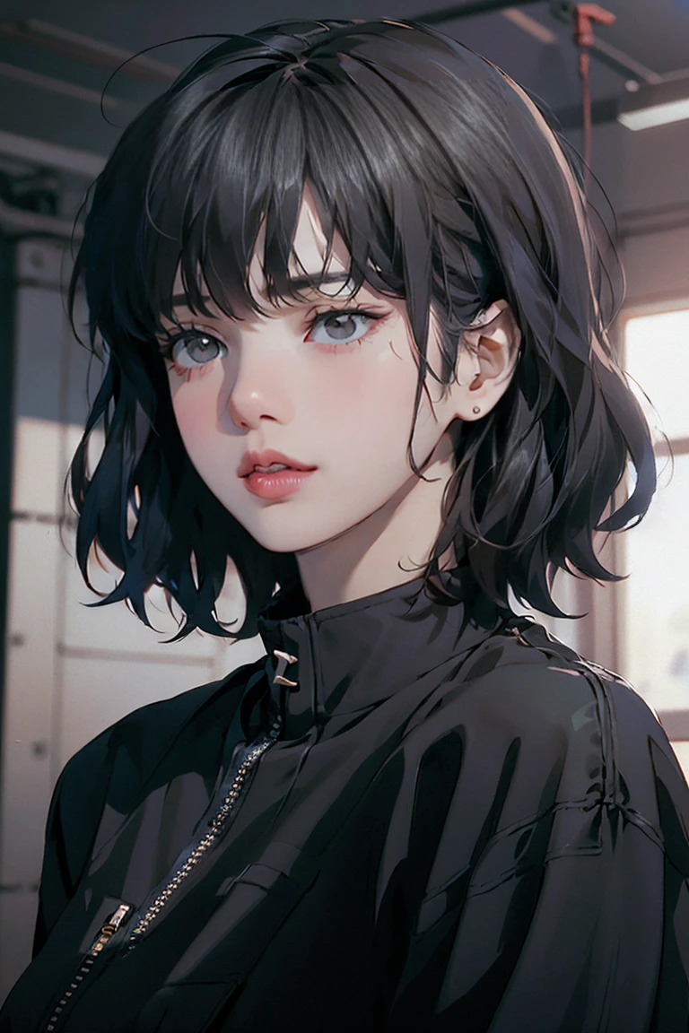 Beautiful girl with realistic black eyes, Pale skin, Medium size black hair, Perfect Face, Perfect Eyes, Wearing a coat, Very detailed, General Movie, Digital Painting, 8k, Cinema Lighting, Highest quality, High resolution, well done!, Post-processing, Perfect results, Surreal,(((Revealing clothing))),Big Breasts, NSFW