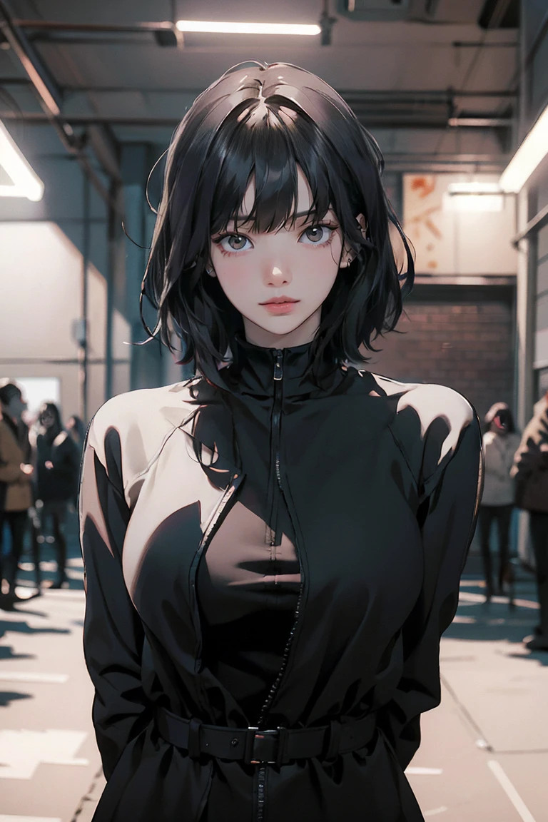 Beautiful girl with realistic black eyes, Pale skin, Medium size black hair, Perfect Face, Perfect Eyes, Wearing a coat, Very detailed, General Movie, Digital Painting, 8k, Cinema Lighting, Highest quality, High resolution, well done!, Post-processing, Perfect results, Surreal,(((Revealing clothing))),Big Breasts, NSFW