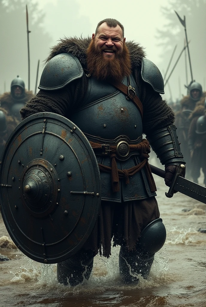 A fat man with a beard and a sadistic smile.
Wearing heavy black armor and with a large long sword in his right hand and a large round black steel shield in his left. In the background you can see a battle between several soldiers in a very shallow river..