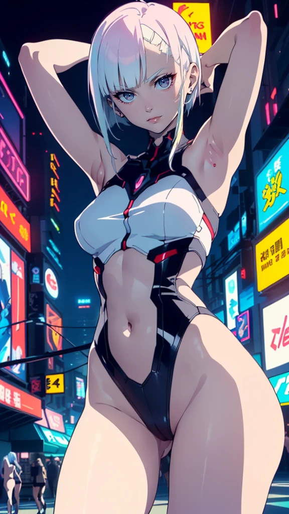 1 girl, solo, Beautiful figure (Proper Anatopy, Slim, Slender figure, shapely legs, Anime style, white colored hair, Bob hairstyle, Very detailed face, Very beautiful face, Beautiful slim figure, femininity,masterpiece, Lucy, cyberpunk edgerunners, showing armpits and pussy half naked, (((showing armpits))) neon background city.