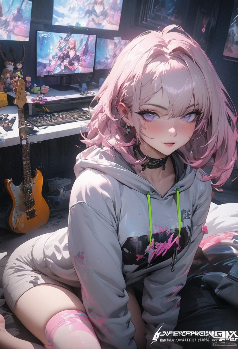 (masterpiece), (最high quality), (High resolution), Large official art, Unity 8k wallpaper, Super detailed, 美しくてbeautiful, high quality, beautiful, masterpiece, The best quality at its best, (((woman))), woman一人, The girl lay on the bed,He has a guitar and lots of toys., Gveiz-style artwork, Anime Girl Cosplay, Cyberpunk Anime Girl, Anime Style 4K, e - girl, egirl, Gveiz, Fan Art Best Art Station, guweiz on pixiv artstation, Anime Style, Cyberpunk anime girl in a hoodie