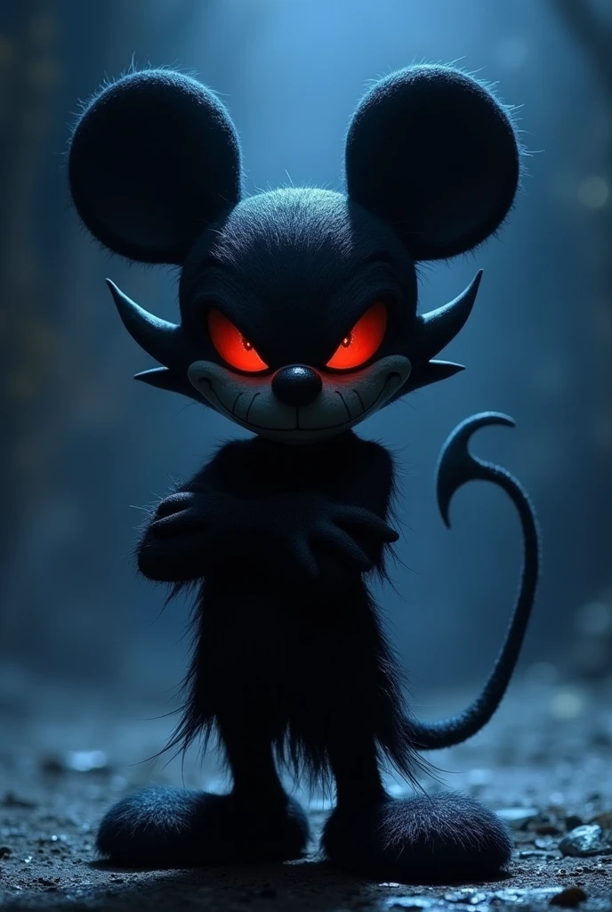 make me the dark shadow, video game antagonist, of epic mickey with arms crossed on a light navy blue background
