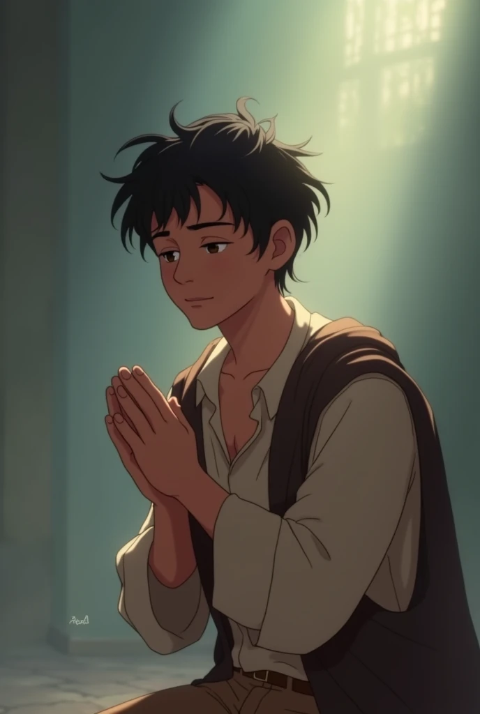 Young man praying from front animation without background