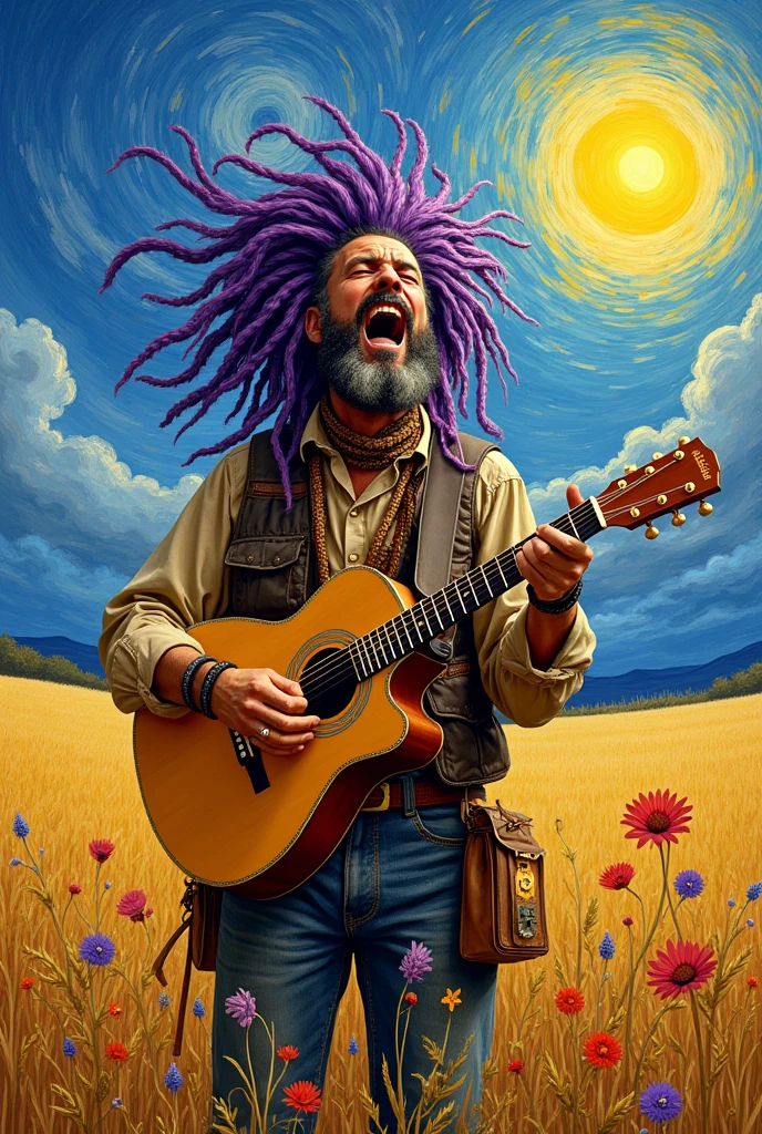 Um traper com dred roxo, singing in the United States, do it in the van gogh style