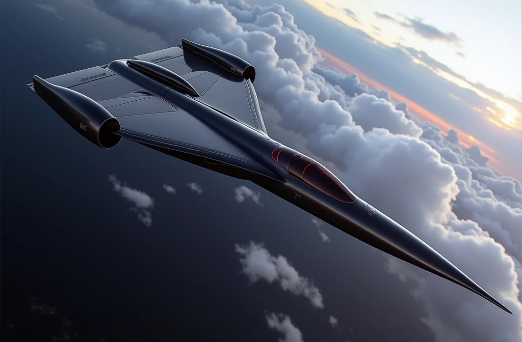 Plane, with an elongated and thin shape with a low profile to minimize air resistance, the nose should be pointed, with small wings or possibly integrated with the fuselage.