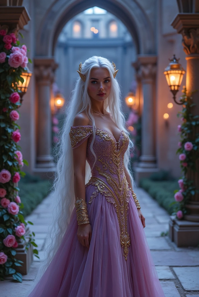 Targaryen princess with platinum hair and purple eyes in stunning purple dress