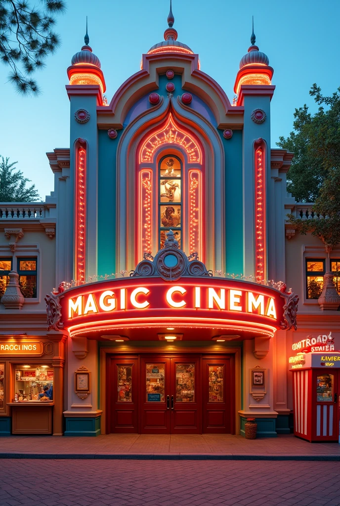 make the outside of a cinema. that it is called MAGIC CINEMA that it is cartoonish, that only the front part is visible. Let nothing cover it, that has the entrance in the middle, the ticket office where they sell the tickets on the right side, and the food on the left side, that are in the shape of a window, that is cute and eye-catching, that is elegant and with a high or striking structure