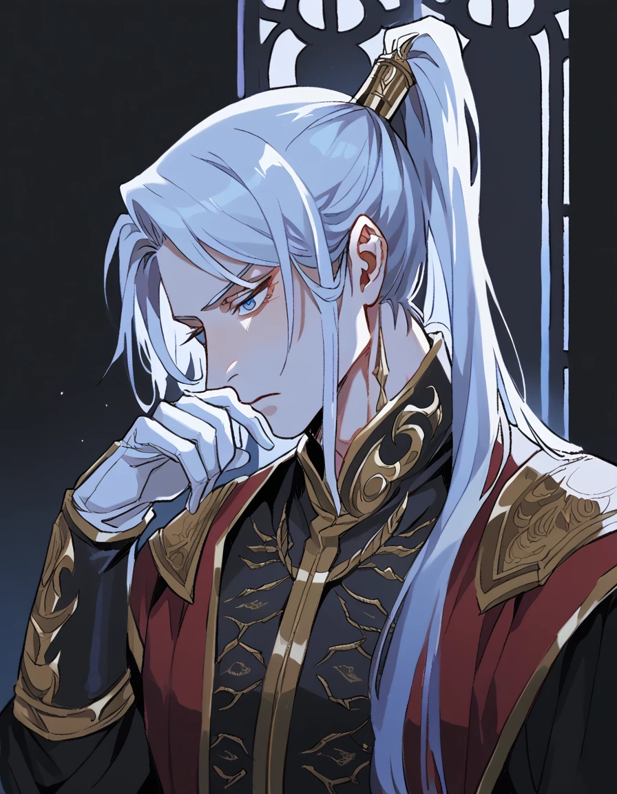 a man with long white hair, tied in a ponytail hairstyle, blue eyes a penetrating look, expression would be, dressed elegantly like a king, clothes with gold embellished details and white wrist-length gloves, His clothes have many details that resemble machines and gears. he has a mature and responsible appearance, as if he were older than he really is, at the same time the environment he finds himself in is dark and mysterious, he has his back to a window, where the waning moon stands out, close up, face detailed, serious look, long ponytail hair