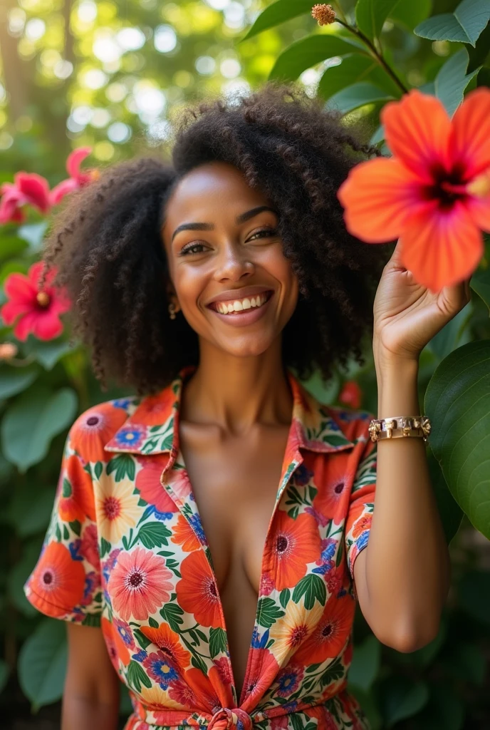 A Brazilian woman in a lush tropical garden, wearing an open shirt with a floral print, with a close-up capturing the harmonious beauty between her breasts and the natural flowers, showing off your natural charm and outgoing personality.