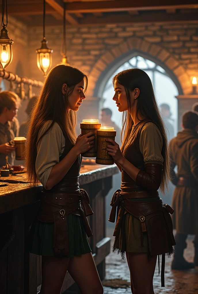 uma taberna medieval, Two girls, archers, drinking near the counter, kissing, medieval style wooden mugs, skirt short, roupas de archers da floresta, animal skin boots, layer, Long, straight hair