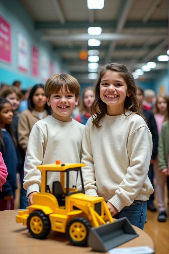 9--old  with short light brown hair wearing a white sweatshirt and next to him a 9-year-olrl weng a white sweatshirt, loose dark brown hair, These two kids are in a school setting “at the science fair presenting the operation of a hydraulic backhoe as their project, cheered up