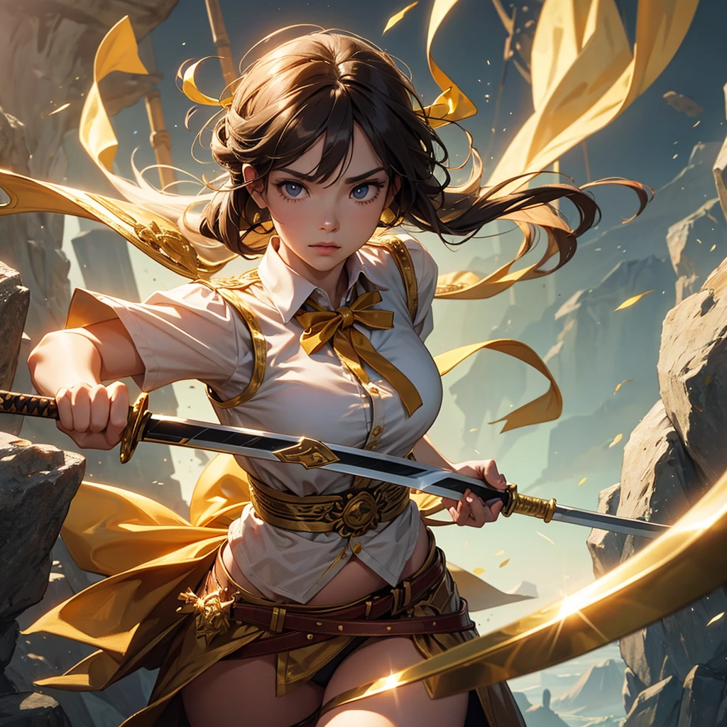CG, Unity, 8k, wallpaper, Highest quality, masterpiece, Lovely lady, 18-year-old, (Realistic:1.2), Best lighting, Complex pupil, Intricate weaving, Detailed Background,(A combination of ballista and battle outfit:1.5),Transparent sleeves、For battle、(Delicate clothing with intricate patterns and decorations),A composition that shows the whole body