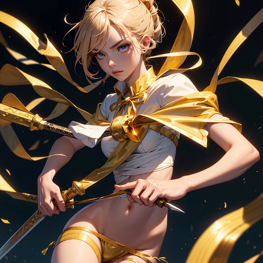 A sword with a golden scabbard and a ribbon tied to it. The word discipline must be written on this tape.