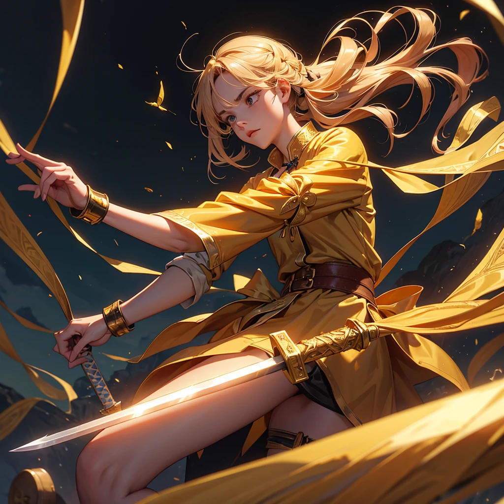 A sword with a golden scabbard and a ribbon tied to it. The word discipline must be written on this tape.