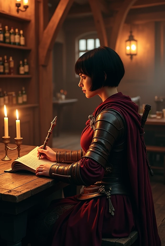 A female mage with short black hair, She has light armor made of wine-colored fabrics and leather and has her staff hanging on her back and is reading her magic book inside a tavern.