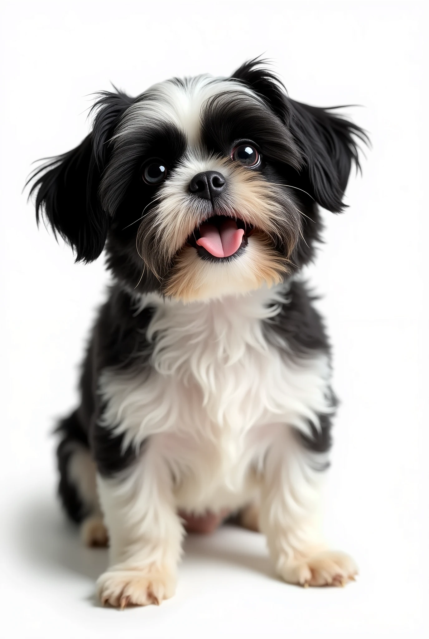 (8k, CRU photo, highest quality) (((full body shot:1.3))), small breed dog, Shih Tzu, with fur in deep black and white colors. The entire body of the dog must be fully visible within the frame, with no parts cut off. Background must be completely white, like a studio backdrop, with no shadows, distractions, or details, just a plain white surface. (((dynamic pose:1.3))), ((movement pose:1.2))), soft lighting, cinematic lighting, realistic fur, ((pores)), ((high detail fur)), light volumetric, hyper-realistic, vivid details, clear as crystal, 8K UHD, ultra photo realism, best quality, work of art, extremely detailed CG, unity, wallpapers (realistic, photorealistic:1.37), shining, fine-details, correct body structure. Shot with a camera lens at f/22 aperture to ensure maximum depth of field, keeping the entire scene 100% sharp, fully in focus, with all details crisply defined.