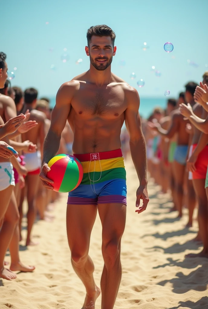 Dos handsome 27-year-old tall white young man in a men's fashion show on the beach shore wearing a swimsuit with a beach ball in his hand. Many people applaud him and bubbles are around him. Tight boxer shorts in the colors De arco iris flag. Unshaved, white, tall with black hair delgado