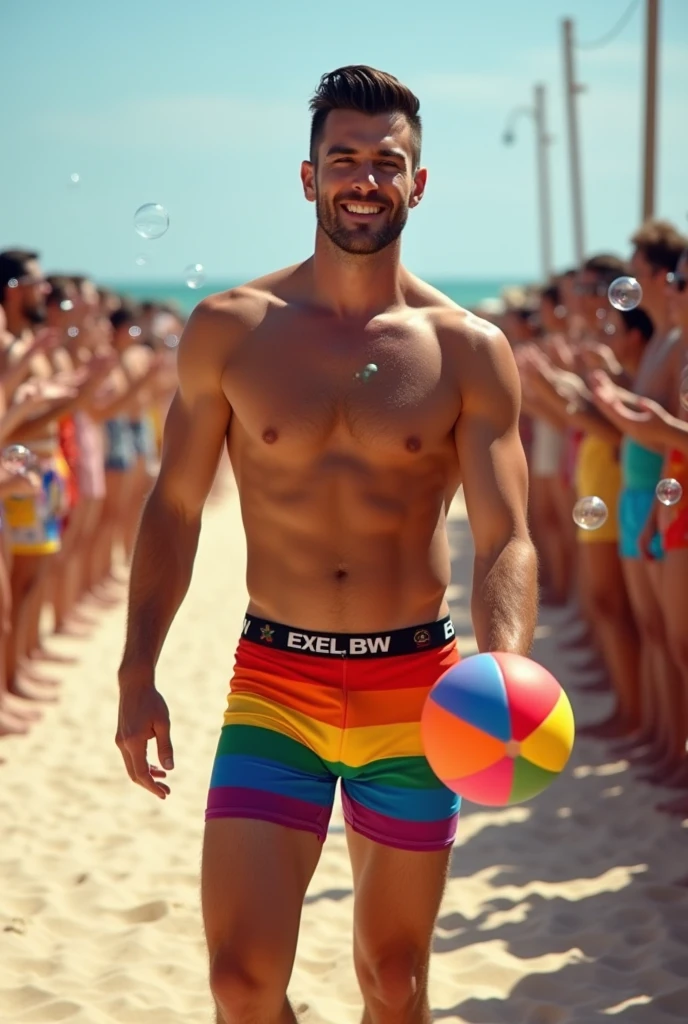 Dos handsome 27-year-old tall white young man in a men's fashion show on the beach shore wearing a swimsuit with a beach ball in his hand. Many people applaud him and bubbles are around him. Tight boxer shorts in the colors De arco iris flag. Unshaved, white, tall with black hair delgado