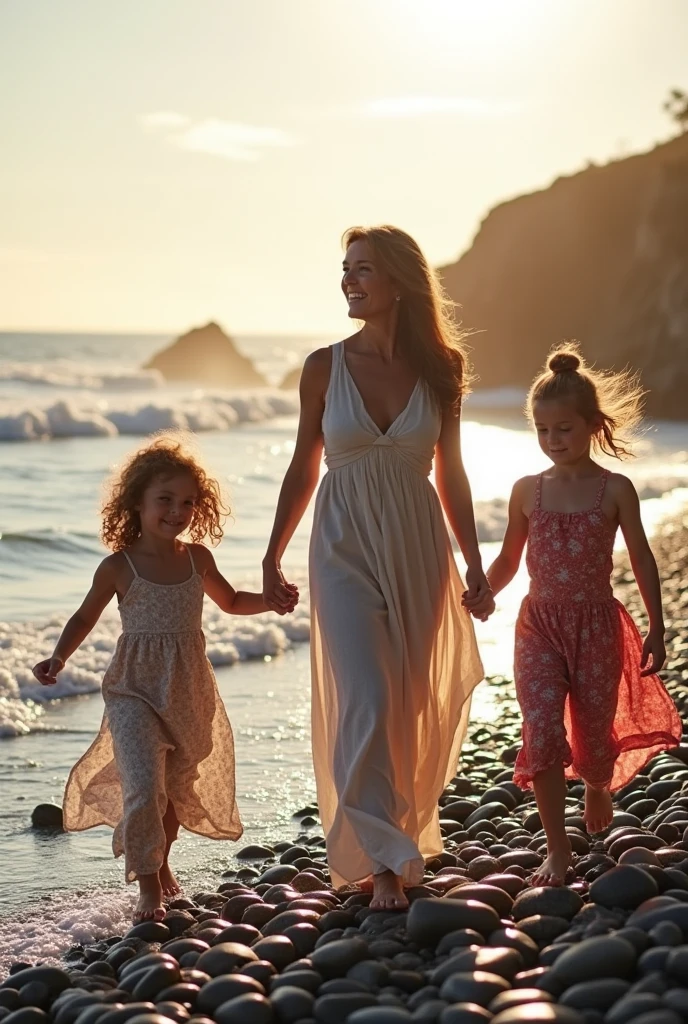 A heartwarming moment of familial bonding on a picturesque stoney beach. A 50-year-old Estonian mother, her hair lightly kissed by the sun and a gentle smile playing on her lips, is flanked by her two daughters, aged 21 and 19. The trio walks in unison, their steps in sync with the rhythmic crash of the waves nearby. The mother, a timeless beauty in a loose, flowing dress, has her hands resting protectively yet comfortably on the waists of her daughters. The daughters, both exuding youthful grace, mirror their mother's pose with their own hands interlocked around her waist. The older daughter, with her auburn hair dancing in the salty breeze, is dressed in a bohemian ensemble, while the younger one, with a cascade of blonde locks, sports a more modern and minimalist look. Their attire complements each other, reflecting their individuality while still weaving a tapestry of familial unity. The beach is a canvas of varying shades of blue and gray, with the sky blending seamlessly into the ocean horizon. The stones underfoot, worn smooth by time and tide, create a natural path that they navigate with ease. The three figures are captured in a warm embrace of afternoon light, casting long, soft shadows that stretch out towards the frothy shoreline. The sea, a symphony of blues and whites, extends infinitely, offering a serene backdrop to their intimate stroll. The mother's gaze is fixed on the horizon, filled with the wisdom of her years, while the daughters look towards her, reflecting both admiration and the knowledge that they are guided by love and experience. The image exudes an air of quiet contentment and shared strength, a testament to the unbreakable ties that bind them across generations.