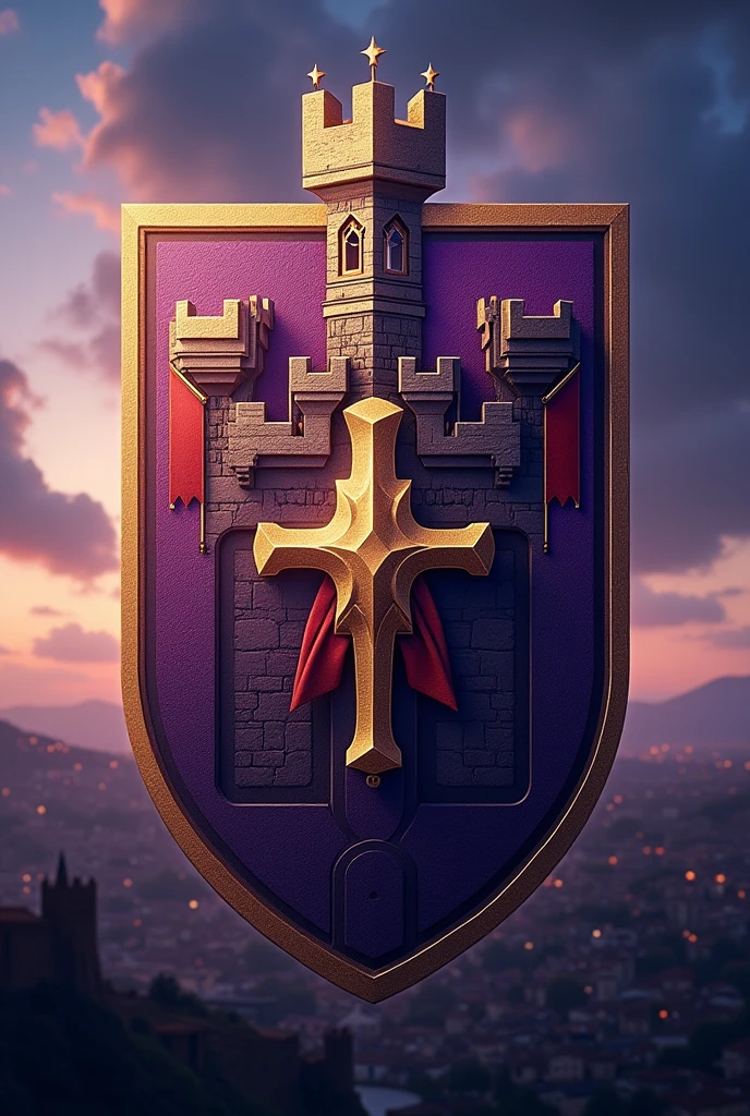 Create a shield for a football team called Barbalho GBC in Portuguese, purple and gold colors, medieval castle