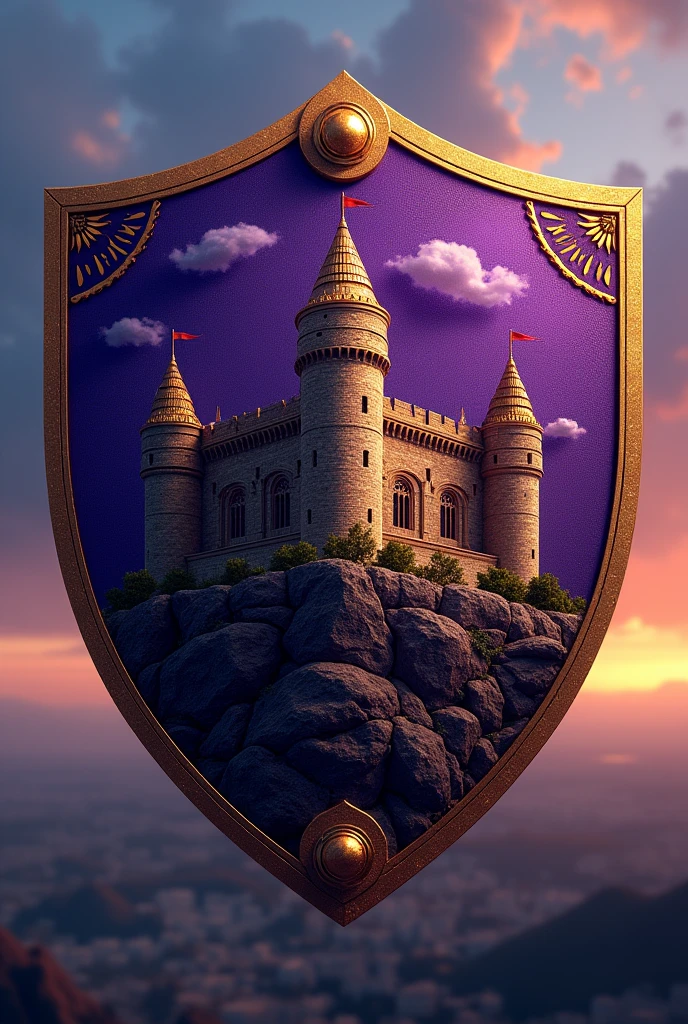 Create a shield for a football team called Barbalho GBC in Portuguese, purple and gold colors, medieval castle
