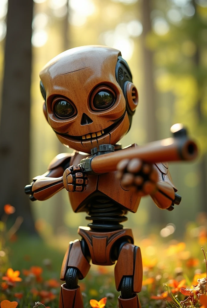 "T-800 from the movie Terminator, but instead of being made of metal, he is made of wood, shooting a slingshot in a forest, with a close-up on his smiling face."