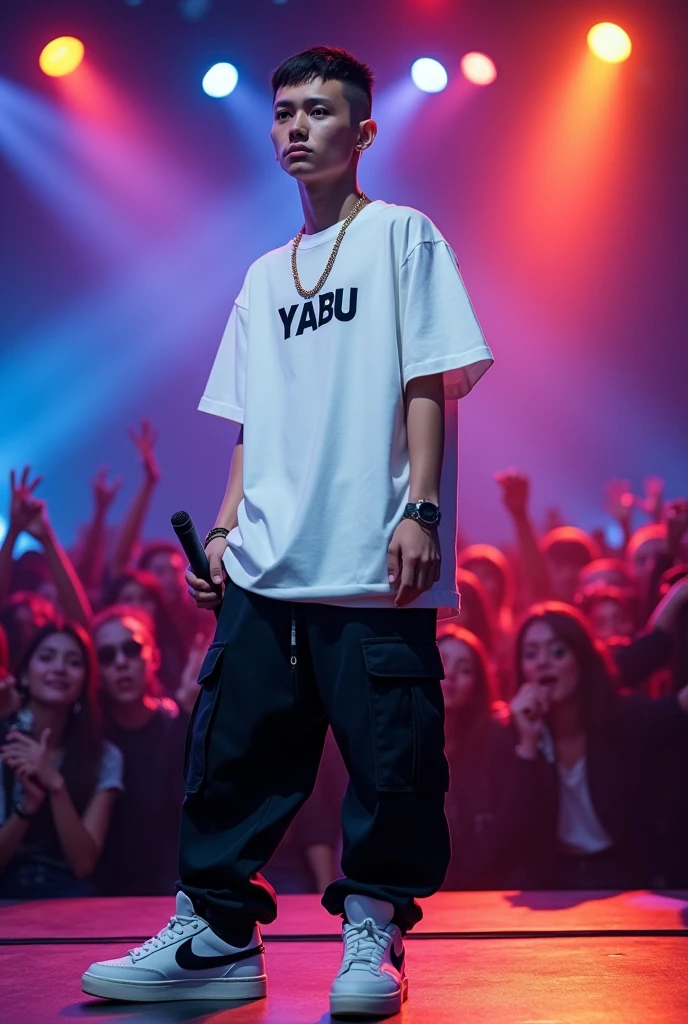 Here’s the updated prompt with the specific hair detail:
---
**Prompt:**
"A 17-year-old handsome white boy rapper is performing on stage. He is wearing a long white hip-hop T-shirt with 'YABU' written on it, black cargo pants, and OG sneakers. He has a stylish chain and headphones around his neck. His hair is short, styled with a small slope cut, closely cropped for a neat and sharp appearance. He is holding a microphone in one hand, performing confidently. The background features an audience watching him, with a brightly lit stage that highlights his presence. The scene captures the energy of a live performance."
---
This prompt should instruct the AI to generate an image with the rapper having a short, neat hairstyle with a small slope cut.