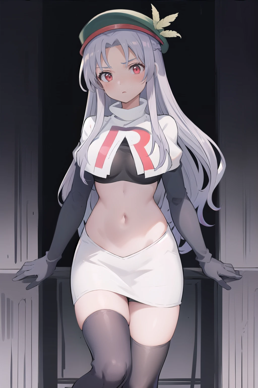 best quality, (masterpiece:1.2), illustration, absurdres,
(1girl, solo), (beautiful detailed girl),
Aeolia, lilac hair, long hair, red eyes, medium breasts,
 green hat, hat with feather ornament, team rocket,team rocket uniform,white skirt,red letter R,crop top,black thigh-highs,black elbow gloves
looking at viewer, 