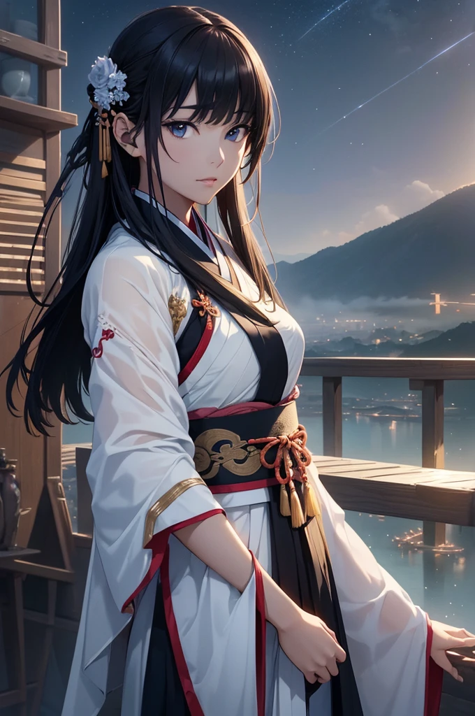 Starry sky and fog cover the landscape.Rich historical background. (Highest quality,4K,8k,High resolution,masterpiece:1.2), Very detailed, (Realistic,Realistic,Photorealistic:1.37), High resolution, Hyper HD, Studio Lighting, Ultra-fine painting, Sharp focus, Physically Based Rendering, Very detailed説明, Professional, Vibrant colors, Bokeh, Sports Late, Ancient War Landscapes, Traditional Chinese Painting Techniques, Atmospheric lighting, Dynamic Pose, Complex combat scenarios, Vivid color contrast, Visually stunning composition, Ethereal atmosphere,Very detailed目と顔, Beautiful attention to detail, Light on the face, (Hanfu: 1.1), One person、
