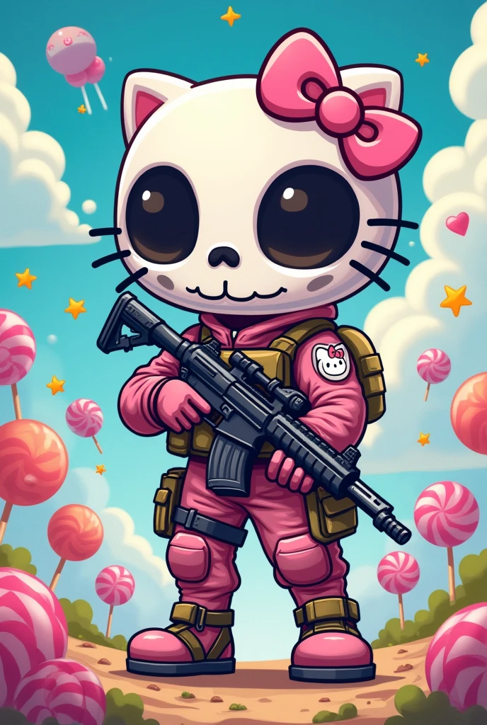 I want you to make Simon "ghost" Riley personaje de call of duty versión hello kitty con su máscara de calavera y su ropa característica de ghost