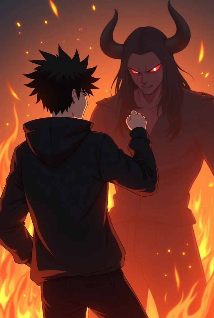 1 boy, Black Hoodie,Punch Satan, Black pants, Gazing at Satan, Hellfire in the Background