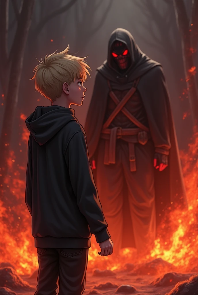 1 boy, Black Hoodie,Punch Satan, Black pants, Gazing at Satan, Hellfire in the Background