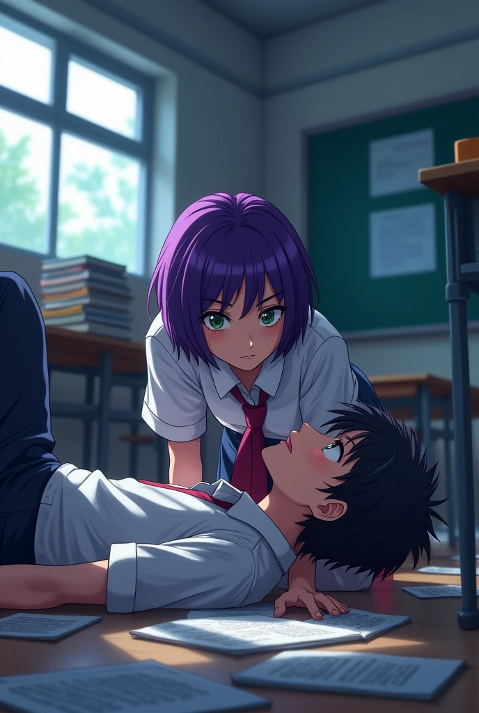 Empty classroom, sexiest highschool Girl in a Dog Pose ON the Male Student, Girl has very short purple Hair, Green eyes, fat lips, fat eyelashes, White underwear, thicc Body, they are about to kiss om the floor, Anime style