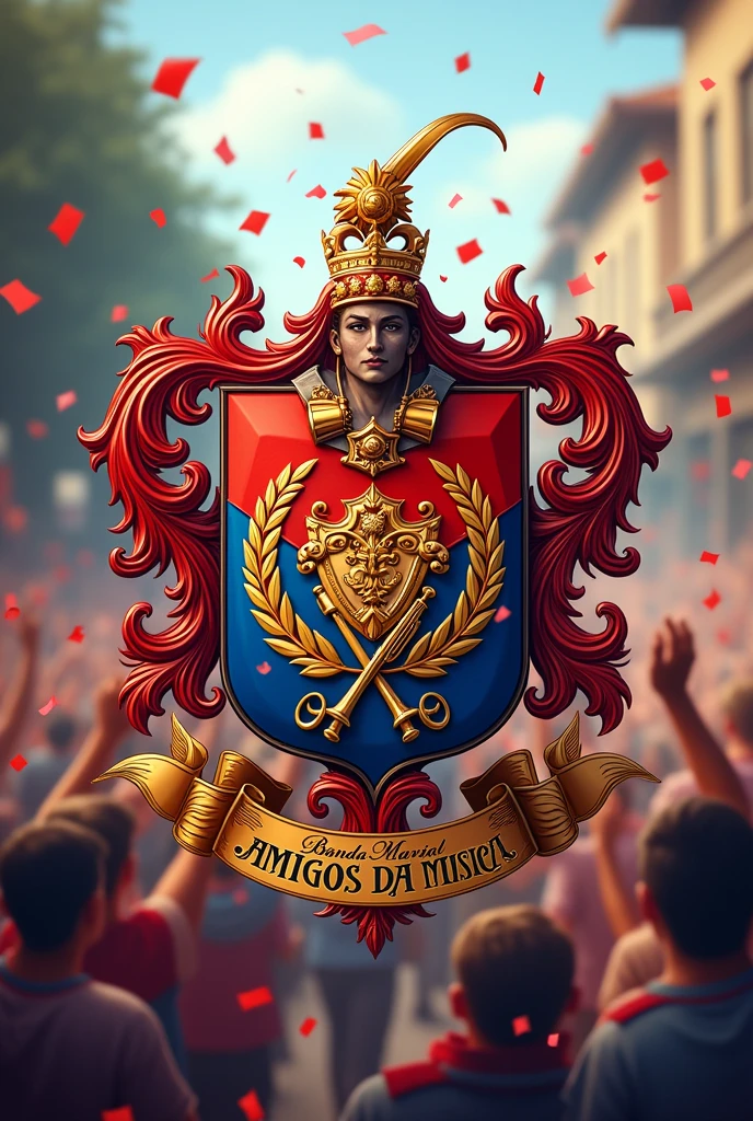 A MARCHING BAND COAT OF ARMS WITH A FRONT WITH THE NAME “BANDA MARTIAL AMIGOS DA MUSICA” ON THE COAT OF ARMS 