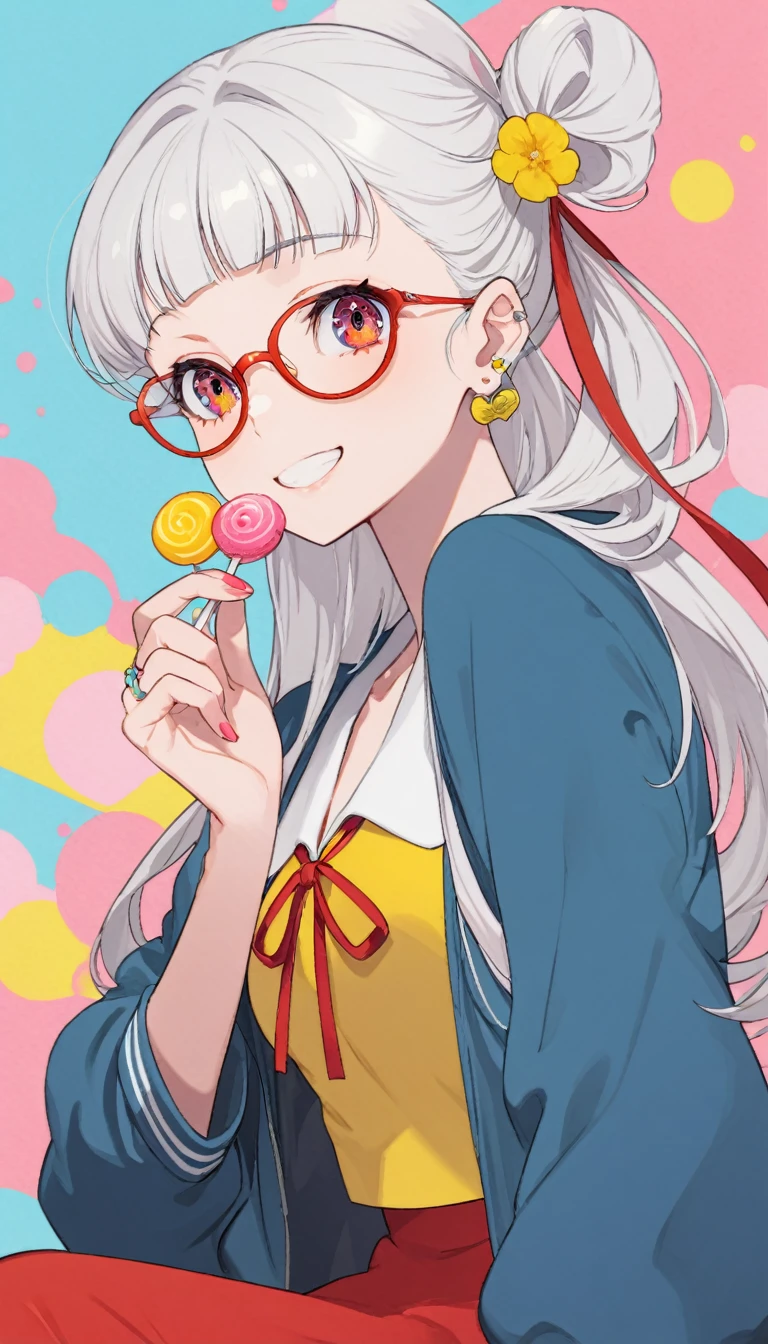 One girl, alone, Long Hair, View your viewers, smile, bangs, ((Blue Jacket)), Red pastel skirt、Red eyes,White hair in the eye、Beautiful eyes that shine、((yellow boater hat with red ribbon))、White Jewelry, Sitting, Jacket, Upper Body, Silver Hair、 earrings, Glasses, open Jacket, Earrings, ring, ear Earrings, White Background、White background,Umaibo、Candy、Eat sweets, colorful background, tied hair