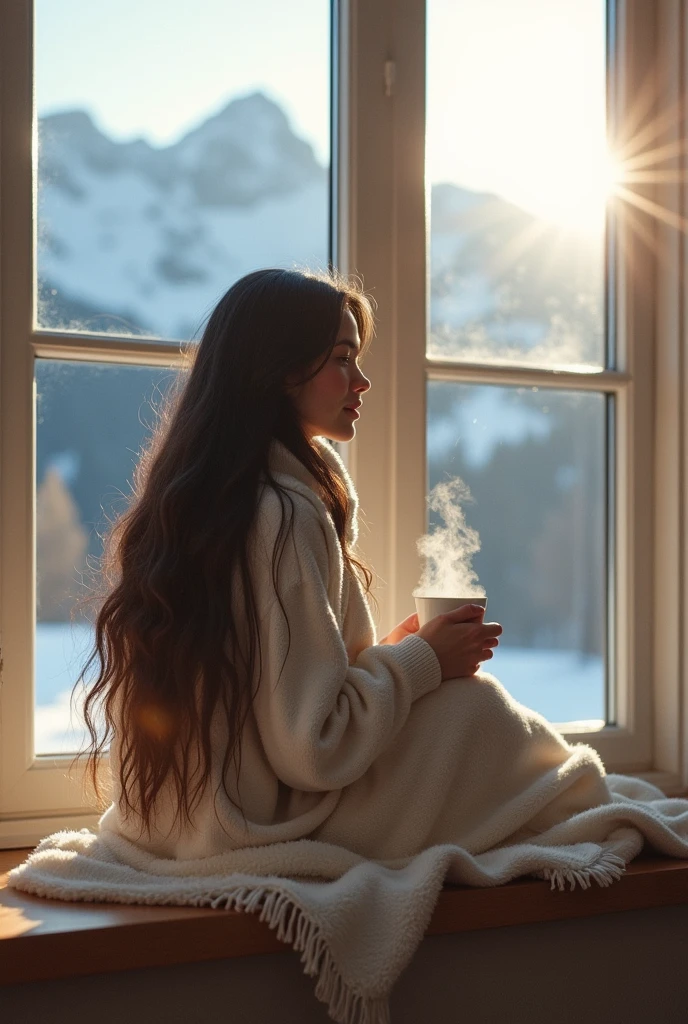 A young woman , covering yourself with a blanket , large glass window , snowy mountains on the horizon, coffee mug on the window ledge ,high resolution, longye hair, breastsout, blushful, Bblack hair, very long hair, slightly separated lips, ass pov, defocused, motion lines, Lens flare,