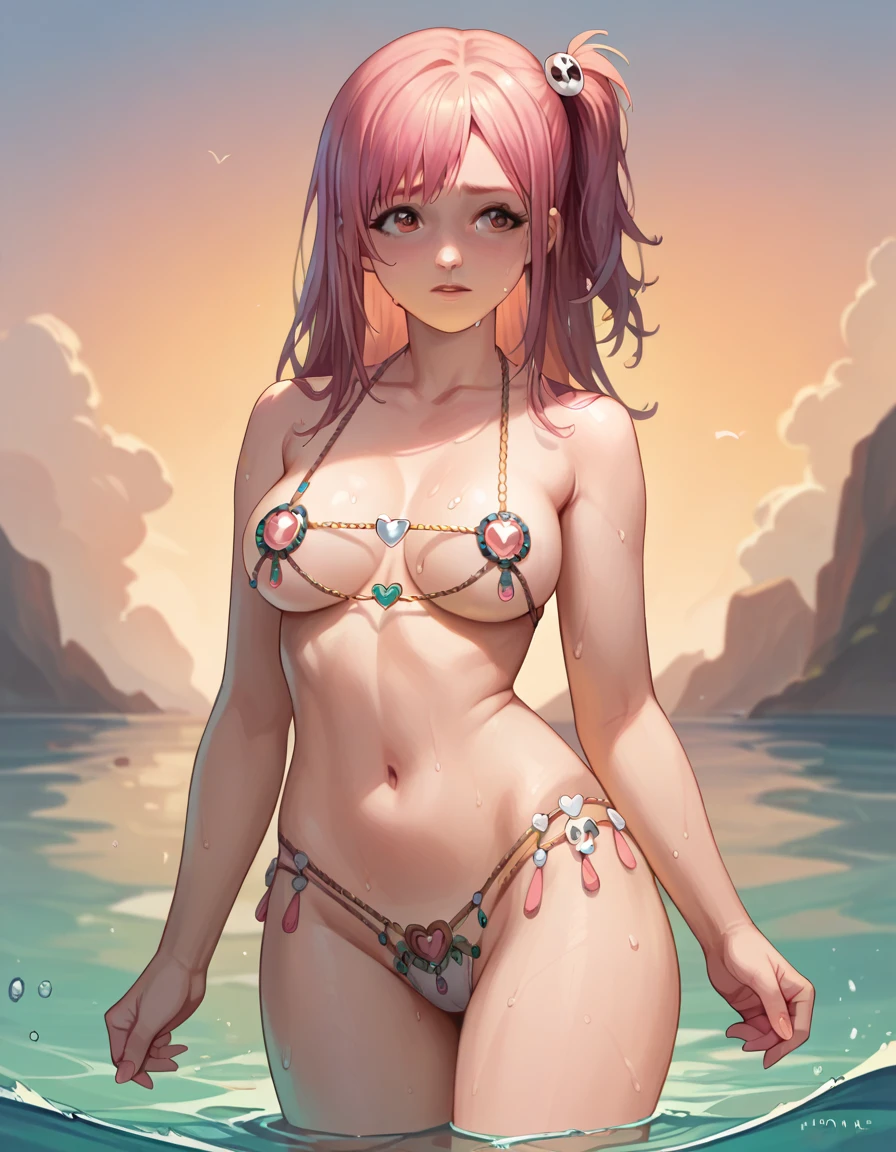 (best quality:1.2), 1girl, Swimming in the sea, Sweat, Venus, cowboy shot, Honoka, DOA, pink hair, Venus bikini, fortune bikini, jewelry, navel, pretty, sunset