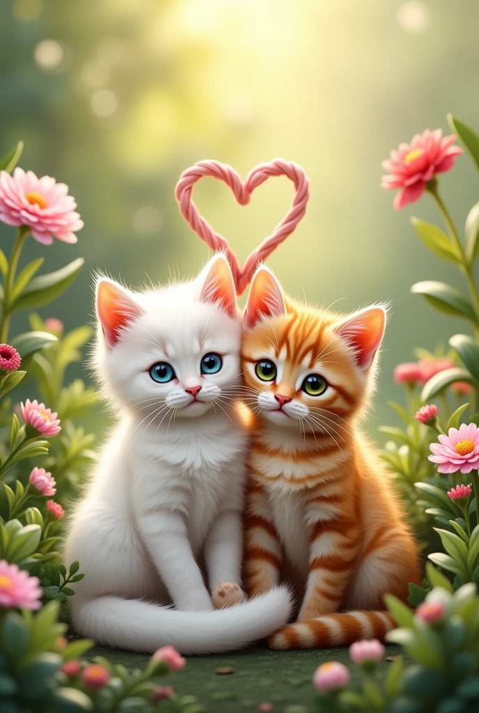 Two cats, heart shape made of tails, beautiful in every detail, cute