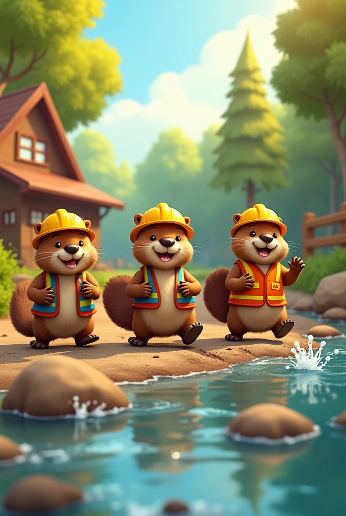 Draw a group of beavers walking away leaving behind helmets and construction clothing in a cartoon style like drawing  
