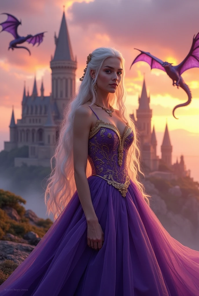 Targaryen princess with platinum hair and purple eyes in stunning purple dress 
