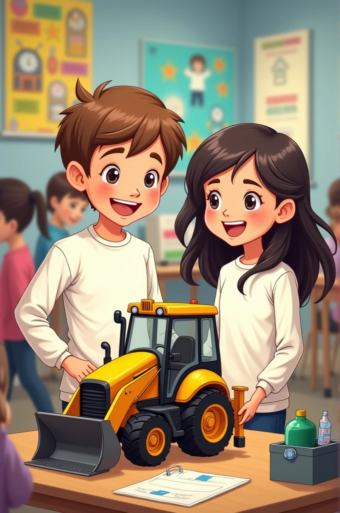 9-year-old boy with short light brown hair wearing a white sweatshirt and next to him a wearing a white sweatshirt, loose dark brown hair, These two kids are in a school setting “at the science fair presenting the operation of a hydraulic backhoe as their project, In cartoons