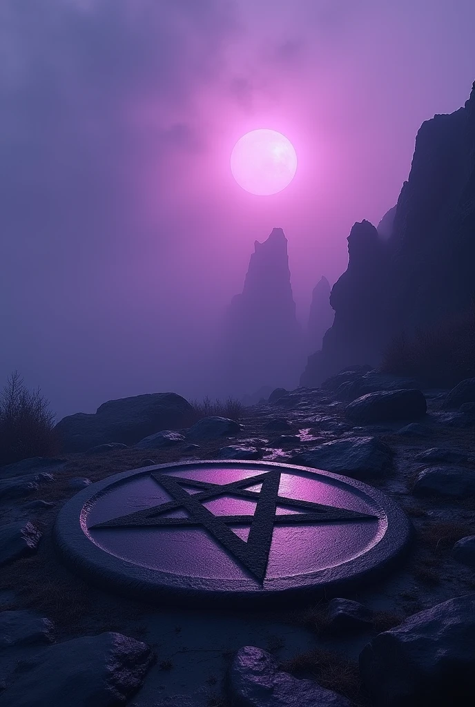 A dark lilac landscape with a satanic symbol 
