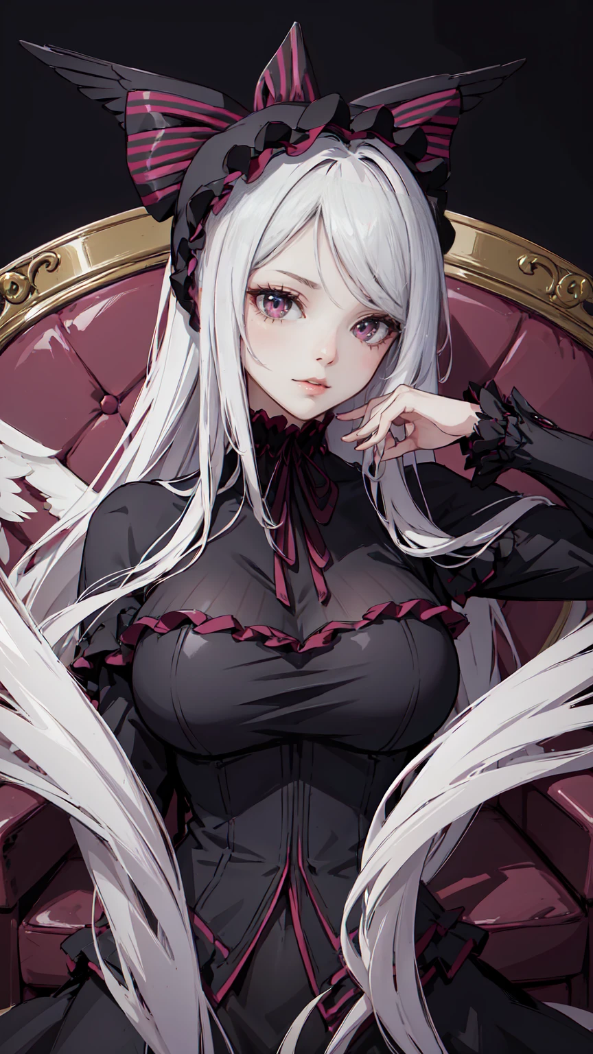 (digital art,8K, Masterpiece, High Quality, Digital Art, Beautiful Anime Aesthetics, Super Detailed, Perfect Body Proportions),beautiful shalltear bloodfallen waifu aesthetic is sitting in a fancy couch. modern black suit with patterns and details.big black wings. Perfectly detailed face with an arrogant look, CHOKER on the neck, sculpted and proportional body in a beautiful pose, high detail. big black wings folded against the body.. perfect portrait concept art, with a cinematic posing of a half-body portrait! Dark tones