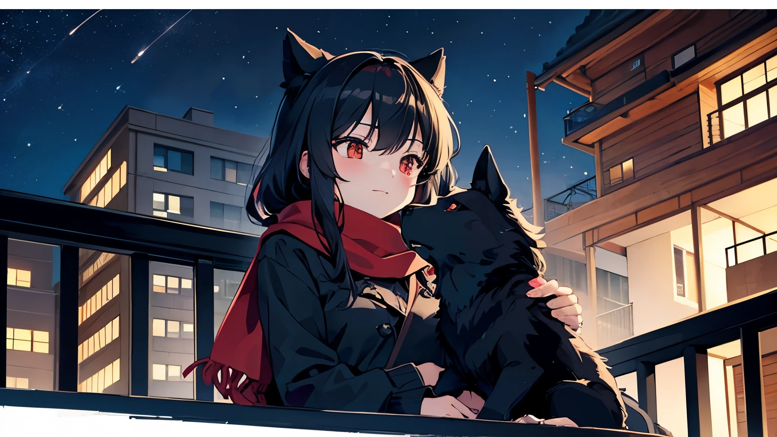 create a drawing of a black Schipperke with a red scarf lying on the lap of a girl on the balcony of a building watching the night with moon and stars