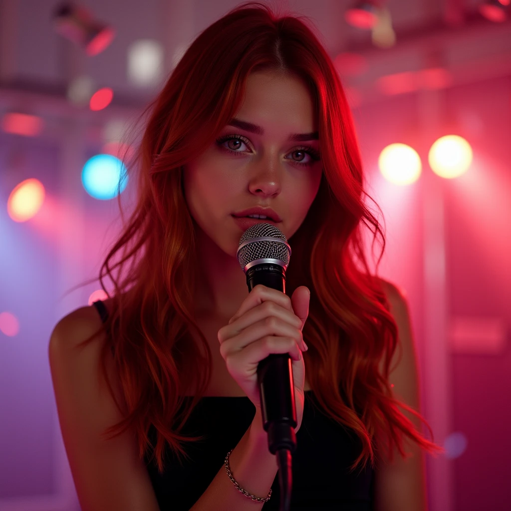 arafed woman with long red hair and a black top, amaranth, better known as amaranth,  19 years old, long red brown hair, 18 years old, with long hair and piercing eyes, Anna Nikonova aka Newmilky, young beautiful amaranth, with dark red hair, ava max, with long red hair there is a woman with long black hair and a white shirt, wavy hair spread out, frontal image, with long, curly hair, Middle Part Curly Haircut, long curly black hair, long curly black hair, her black hair is long and curly, long curly black hair, long curly black hair, long wavy black hair, wavy black hair, 18 years old um close up de uma mulher com um microfone na mão, sitting in front of a microphone, violet myers, Serpentina do Twitch, screenshot of youtube video, Beautiful Delfina, youtuber, 30-year-old woman from cuba, Carmen sings beautifully, she is facing the camera, Ayahausca, young beautiful amouranto, low quality video, youtube thumbnail Giraffe woman with long black hair holding a stuffed animal, violet myers, still from a music video, screenshot of youtube video, music video, charli bowater and artgeem, looks like a mixture of dirt, Dua Lipa, new song, looks like a mixture of dirt, performing a music video, screenshot from a movie, perfectly lit face