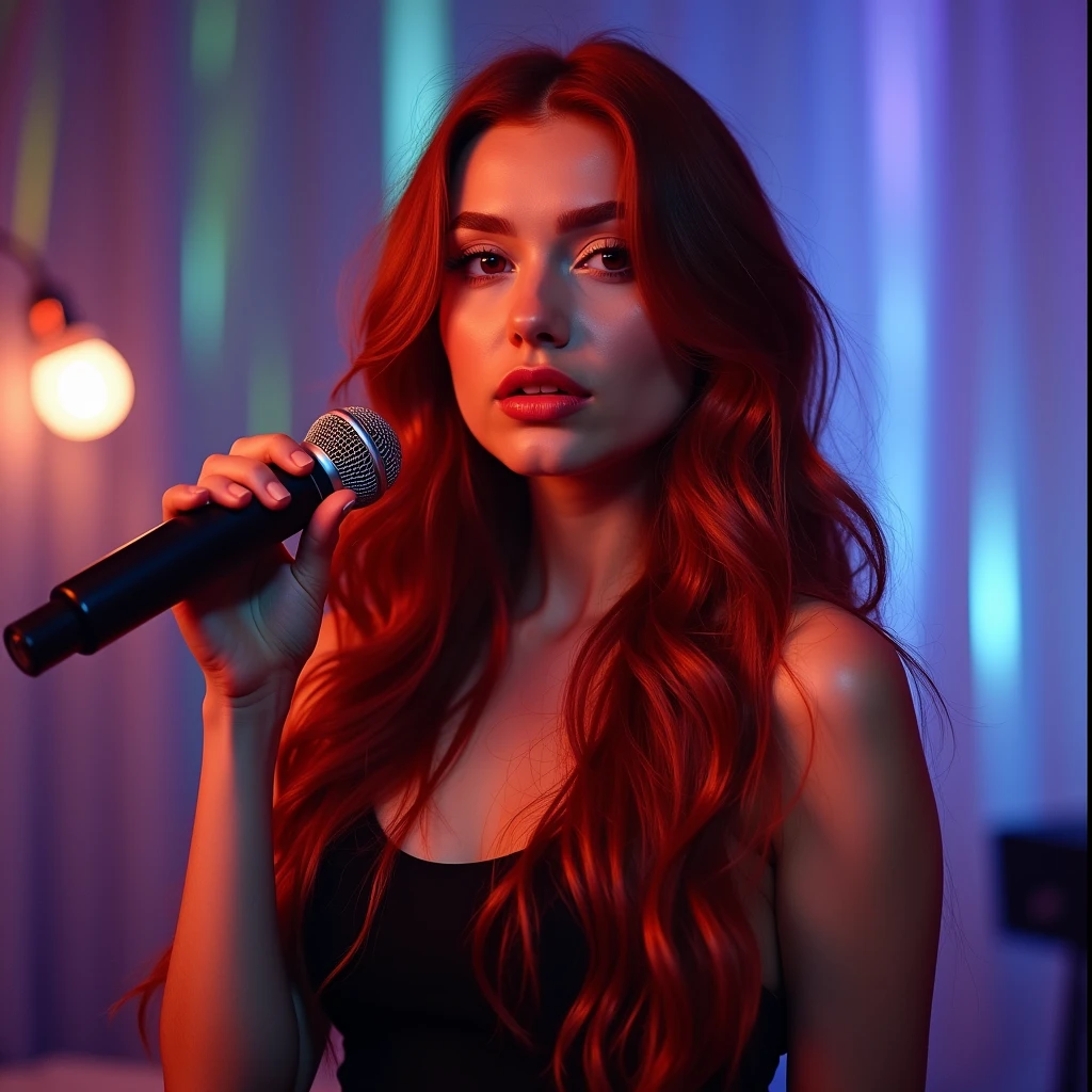 arafed woman with long red hair and a black top, amaranth, better known as amaranth,  19 years old, long red brown hair, 18 years old, with long hair and piercing eyes, Anna Nikonova aka Newmilky, young beautiful amaranth, with dark red hair, ava max, with long red hair there is a woman with long black hair and a white shirt, wavy hair spread out, frontal image, with long, curly hair, Middle Part Curly Haircut, long curly black hair, long curly black hair, her black hair is long and curly, long curly black hair, long curly black hair, long wavy black hair, wavy black hair, 18 years old um close up de uma mulher com um microfone na mão, sitting in front of a microphone, violet myers, Serpentina do Twitch, screenshot of youtube video, Beautiful Delfina, youtuber, 30-year-old woman from cuba, Carmen sings beautifully, she is facing the camera, Ayahausca, young beautiful amouranto, low quality video, youtube thumbnail Giraffe woman with long black hair holding a stuffed animal, violet myers, still from a music video, screenshot of youtube video, music video, charli bowater and artgeem, looks like a mixture of dirt, Dua Lipa, new song, looks like a mixture of dirt, performing a music video, screenshot from a movie, perfectly lit face