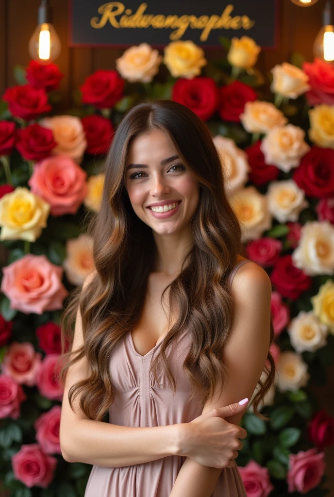 Beautiful woman taking a studio photo with a concept of beautiful and colorful roses .

Studio ada papan nama ridwangrapher